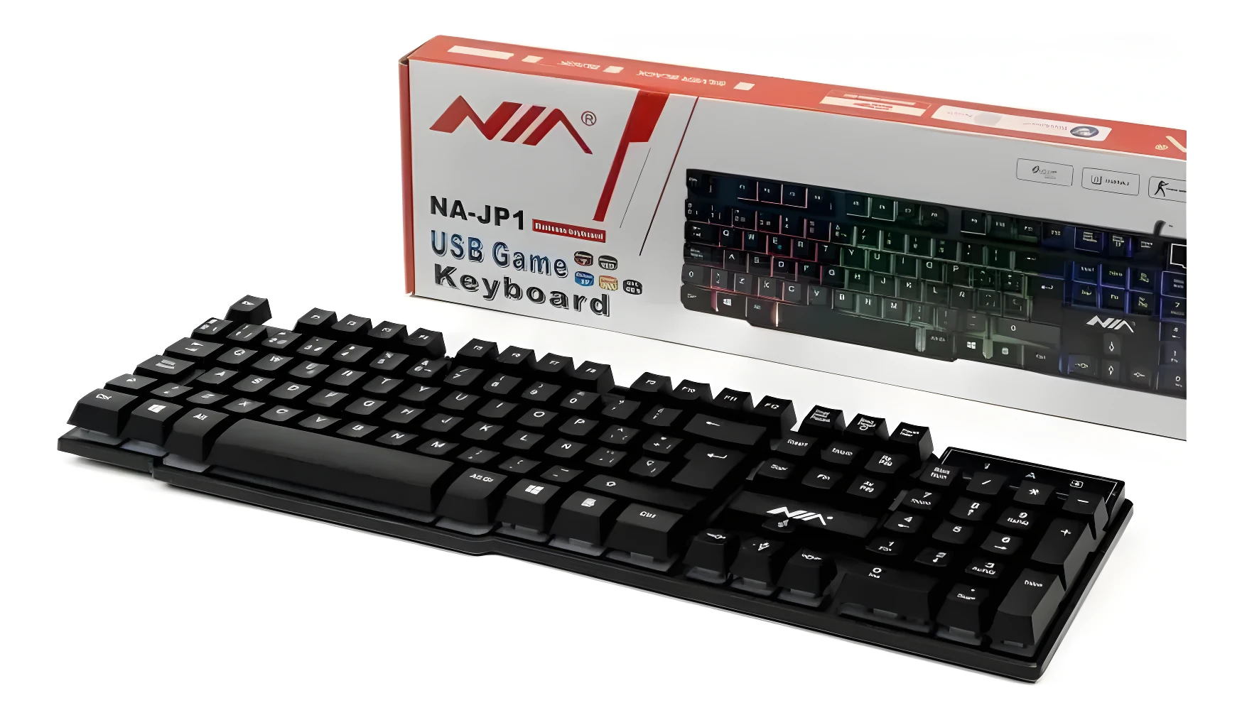 Teclado gamer NIA JP1 USB negro con retroiluminación multicolor y diseño anti-ghosting.