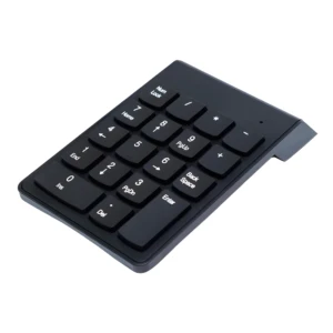 Teclado numérico USB compacto negro para PC y portátil, con teclas de acceso rápido y diseño ergonómico.