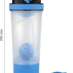 Shaker mezclador de proteína azul y transparente, 500 ml de capacidad, 250 mm alto x 75 mm ancho, con batidor de bola.