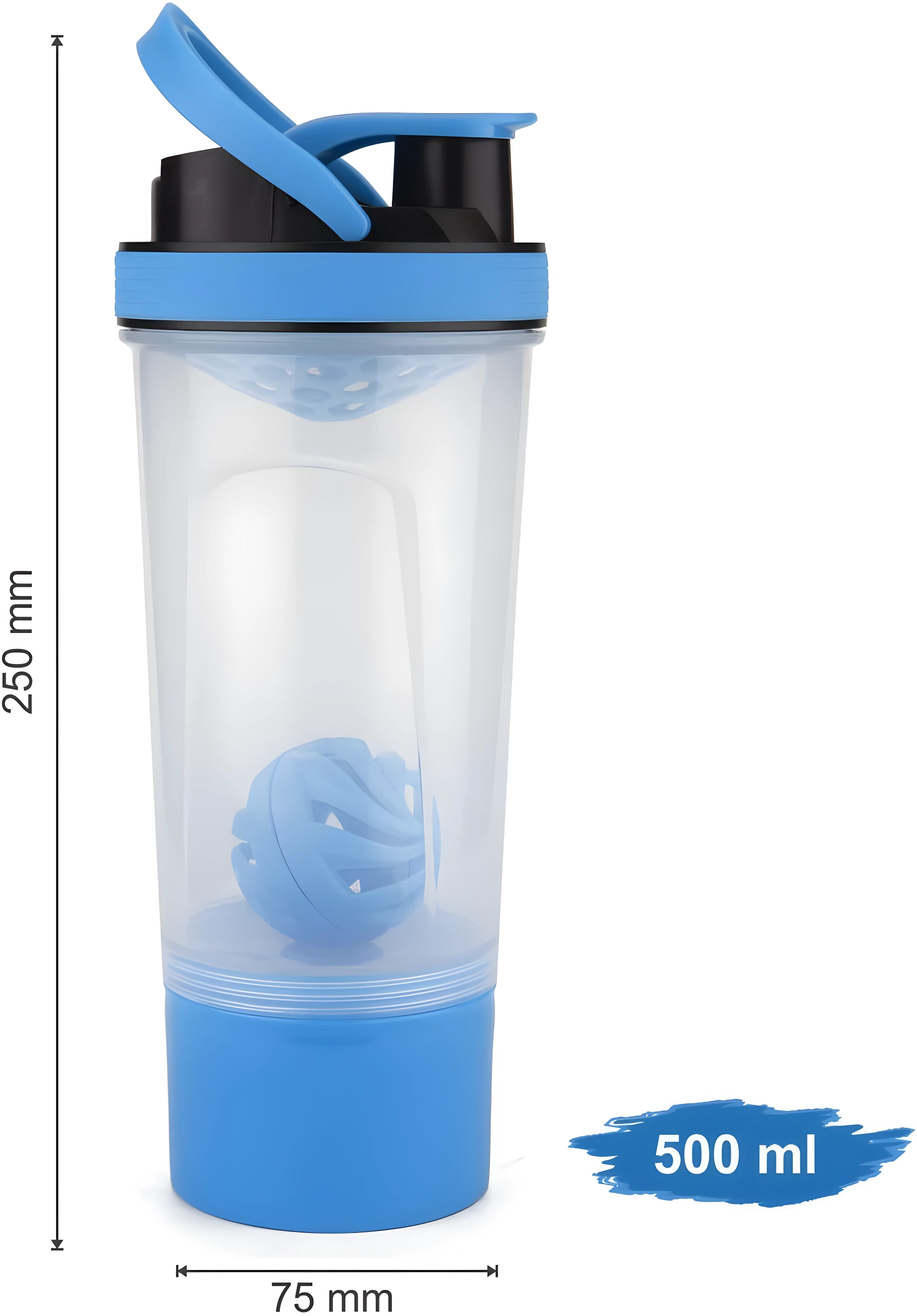 Shaker mezclador de proteína azul y transparente, 500 ml de capacidad, 250 mm alto x 75 mm ancho, con batidor de bola.