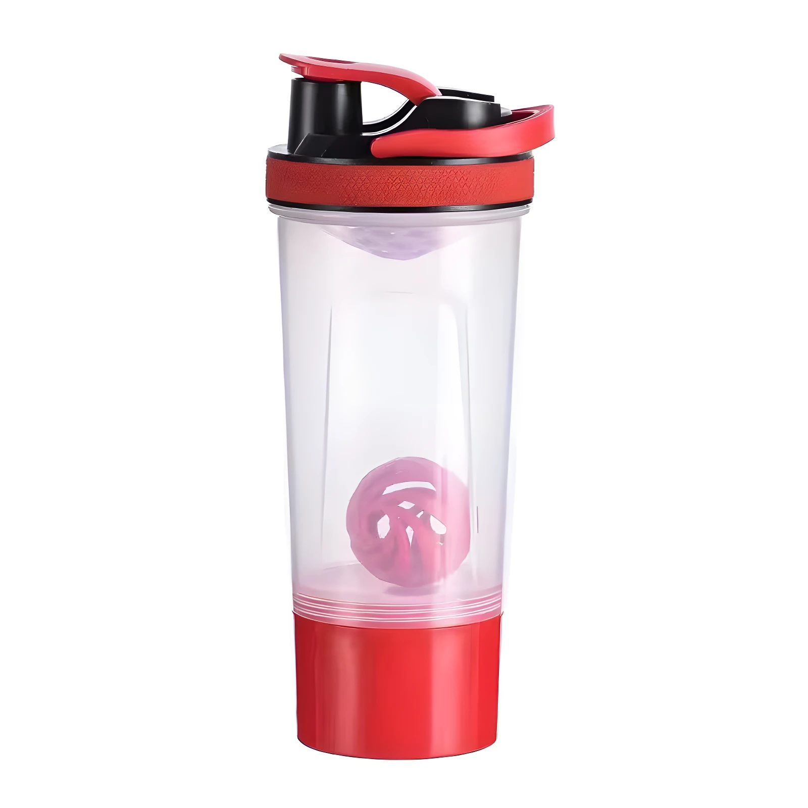 Termo shaker de proteína transparente con base y tapa roja, incluye batidor de malla interno.