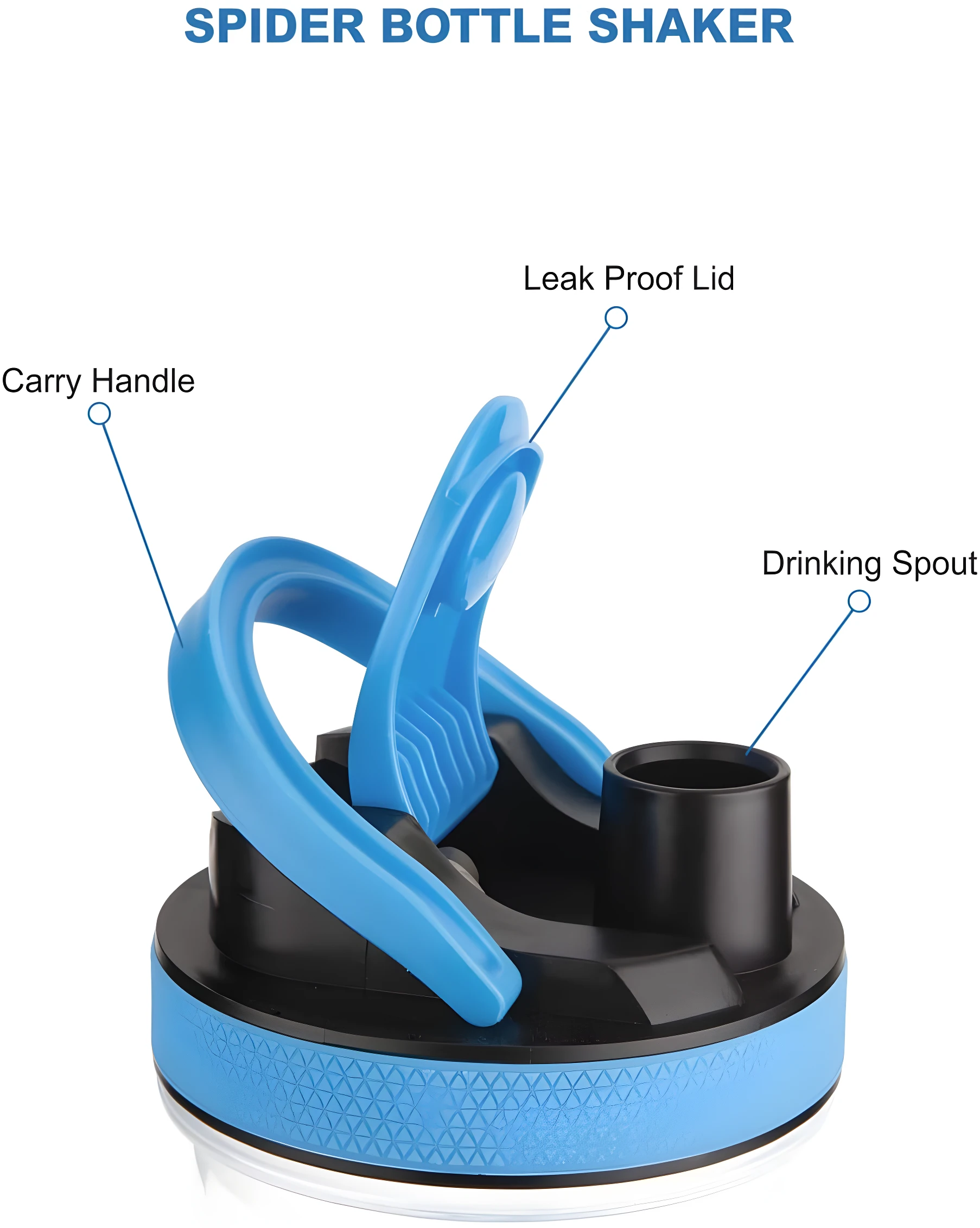 Tapa de termo shaker azul y negro con asa de transporte, tapa antiderrame y boquilla para beber.