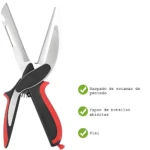 Tijera de cocina plateada con mangos ergonómicos negros y rojos, para pelar, cortar y raspar escamas de pescado.