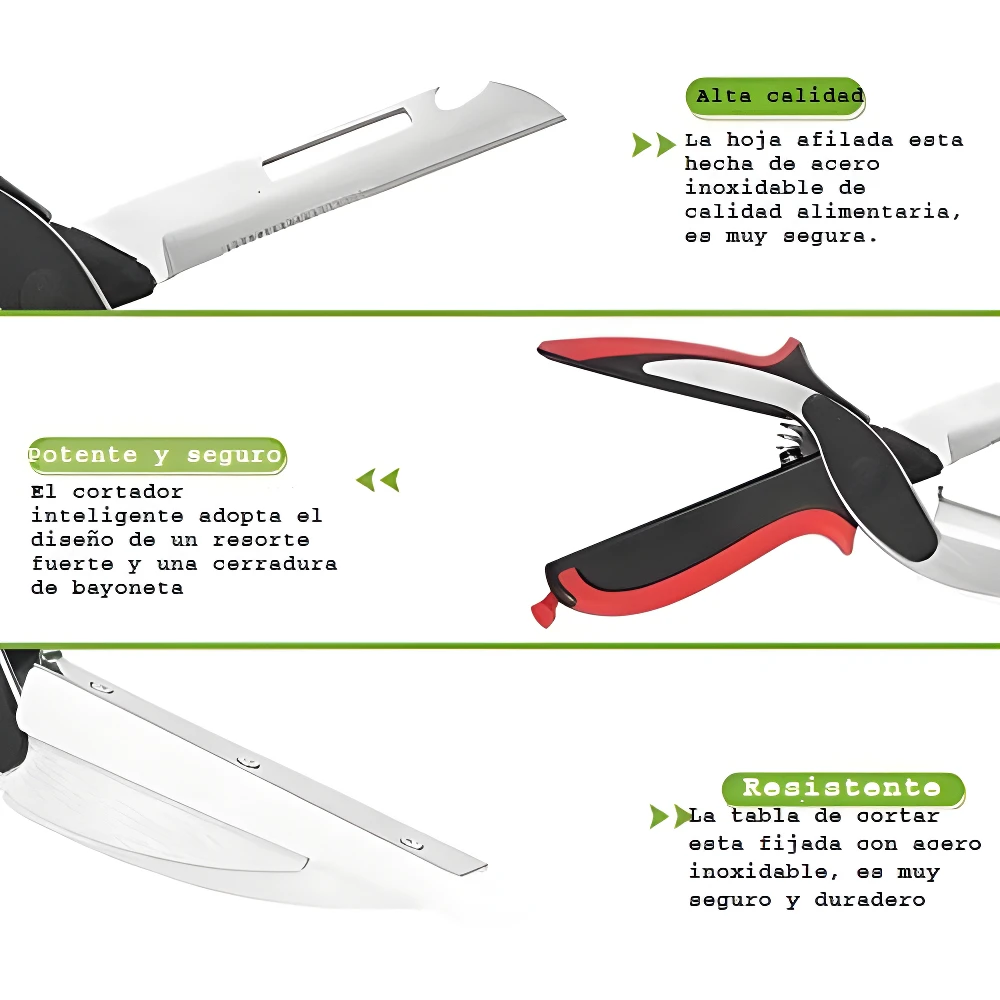 Tijera cortadora de verduras 6 en 1. Cuchilla de acero inoxidable afilada y mangos ergonómicos rojos.
