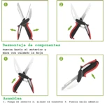 Tijeras de cocina 6 en 1, negras y rojas, mostrando desensamble y ensamble.