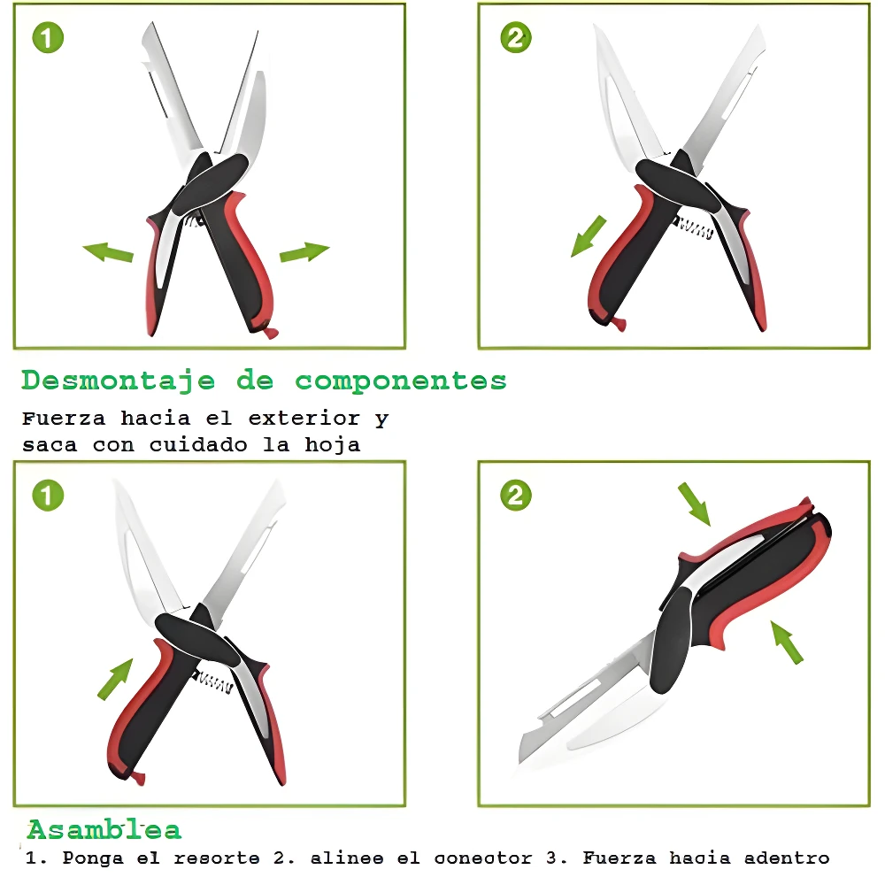 Tijeras de cocina 6 en 1, negras y rojas, mostrando desensamble y ensamble.