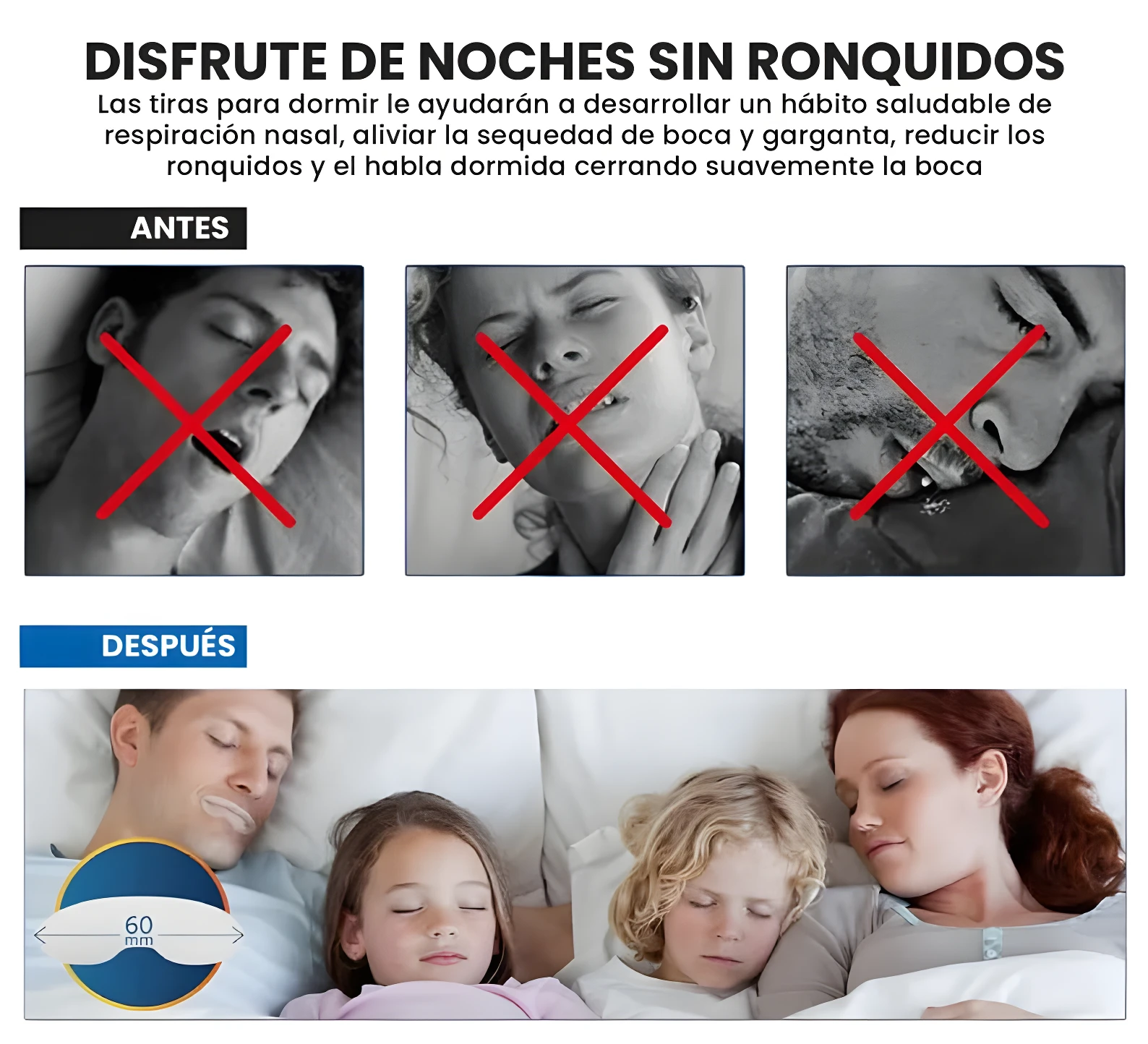Set x2 tiras nasales para dormir, antes y después de su uso, previenen ronquidos y mejoran respiración.