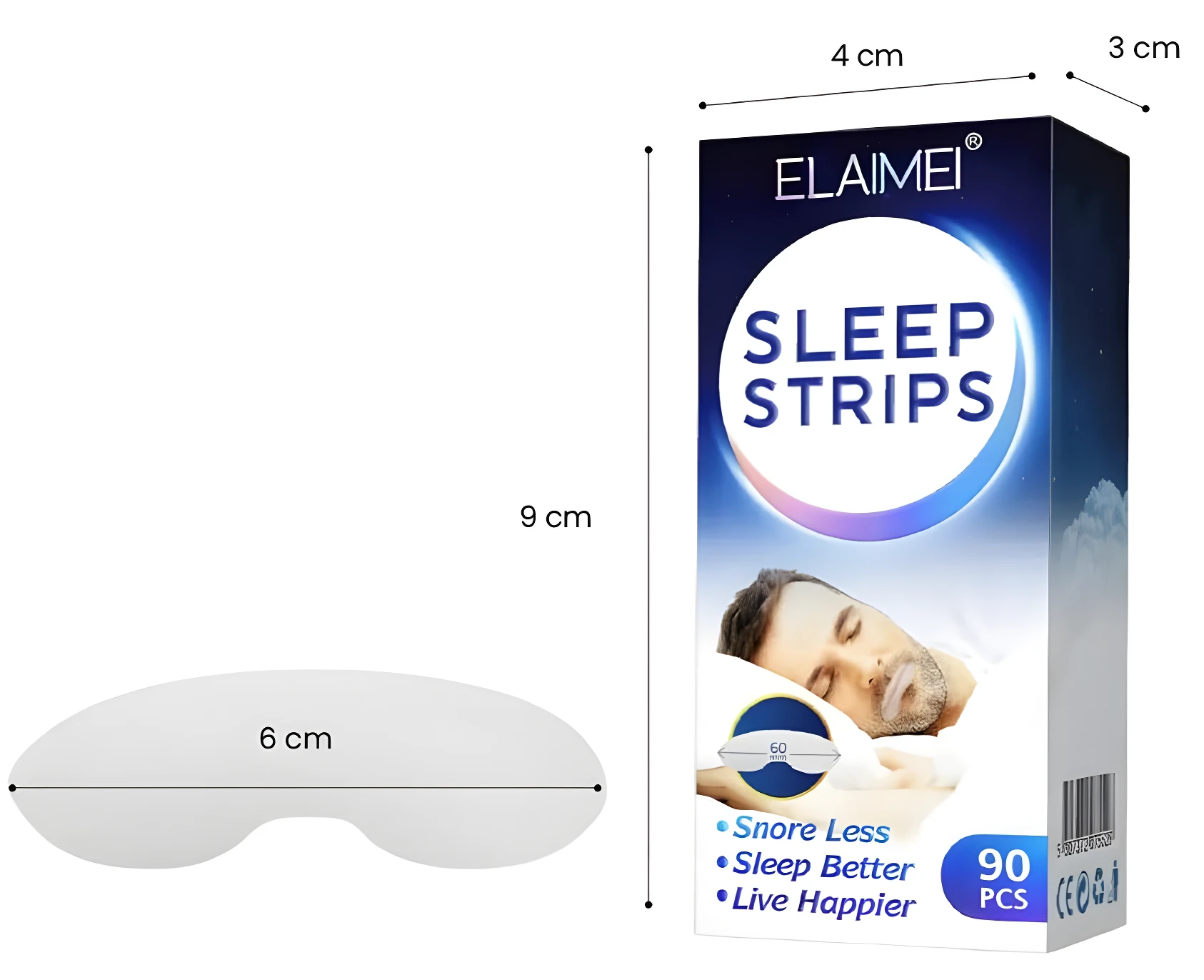Tiras antirronquidos para dormir, paquete con 90 unidades, medidas 6x9 cm, producto blanco.