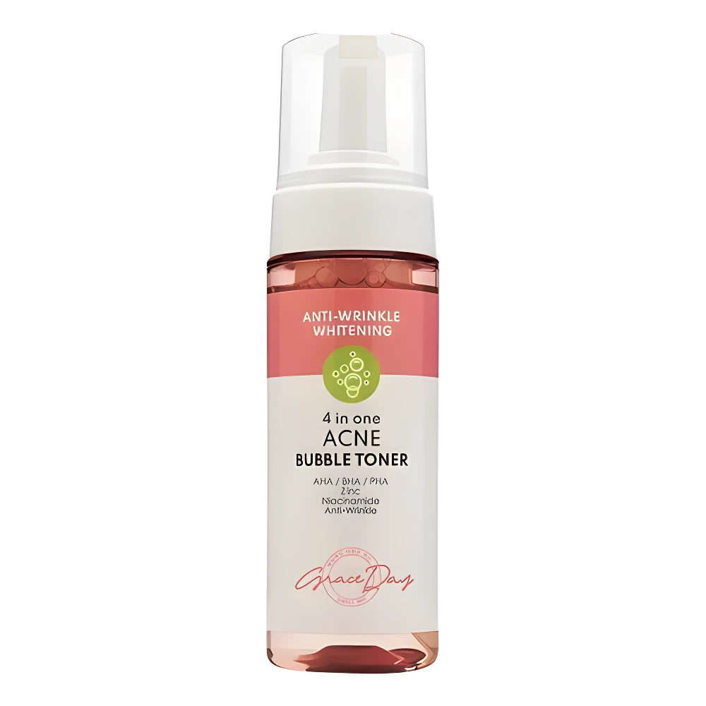 Tónico burbuja Grace Day Anti-Acné, blanqueador y antiarrugas con AHA/BHA/PHA. Envase dispensador blanco y rosa.