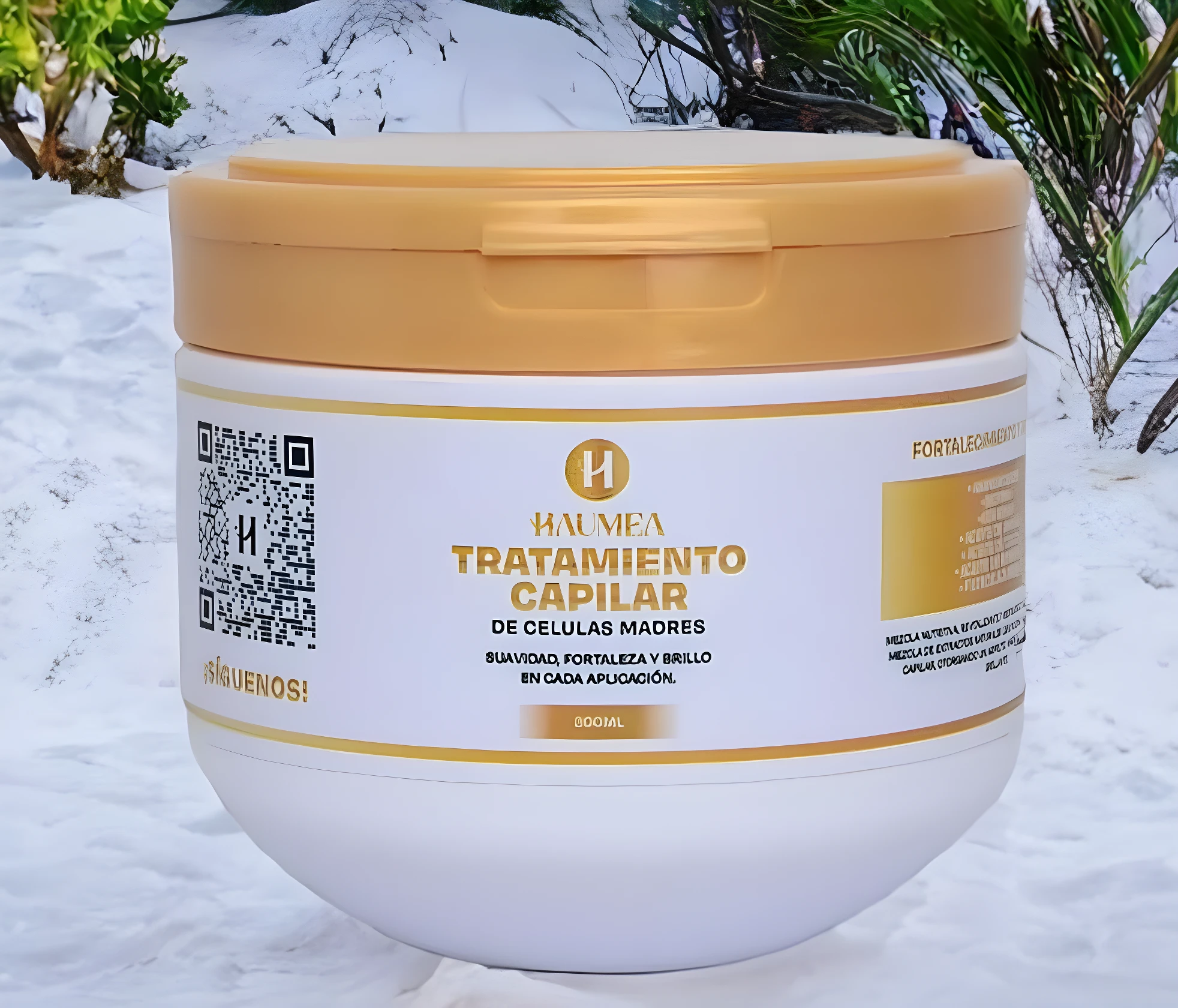Tarro blanco con tapa dorada de tratamiento capilar Haumea de 300ml con logo y texto informativo.