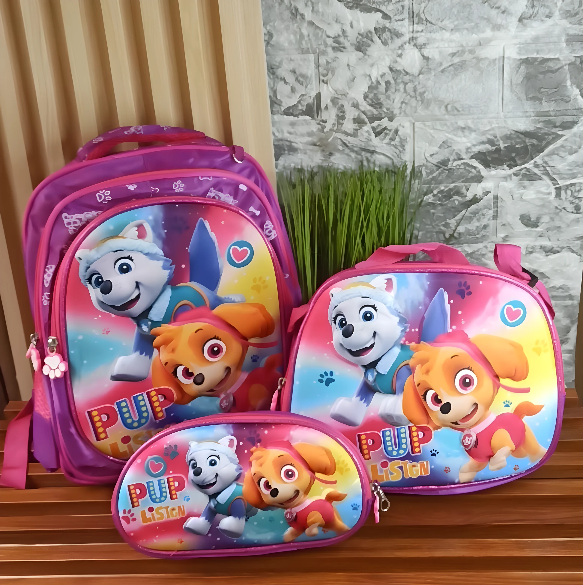 Trío de morral, lonchera y cartuchera morados 3D de Paw Patrol, con dibujos animados de Skye y Everest.