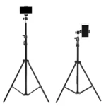 Trípode de aluminio negro de 2.10m con soporte para celular, ideal para estabilizar contenido profesionalmente.