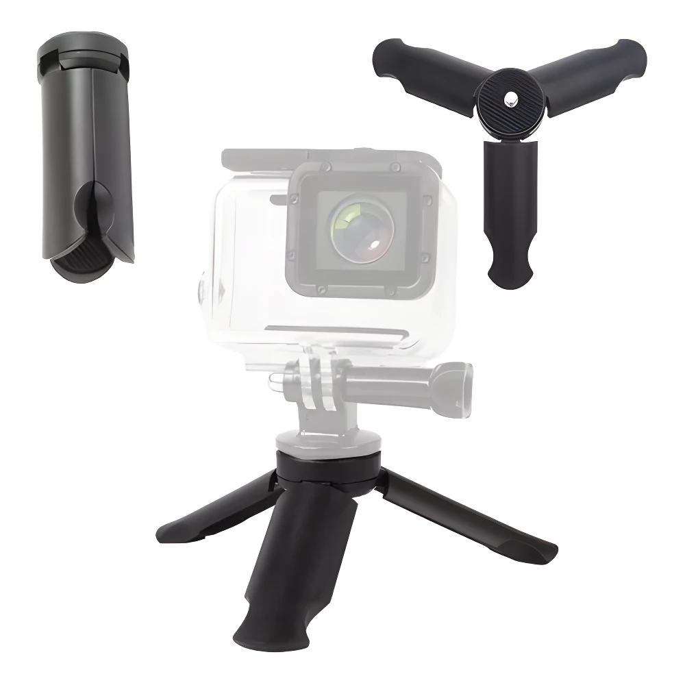 Mini trípode plegable negro para cámaras y móviles, con mango y base de tres patas, compacto y versátil.