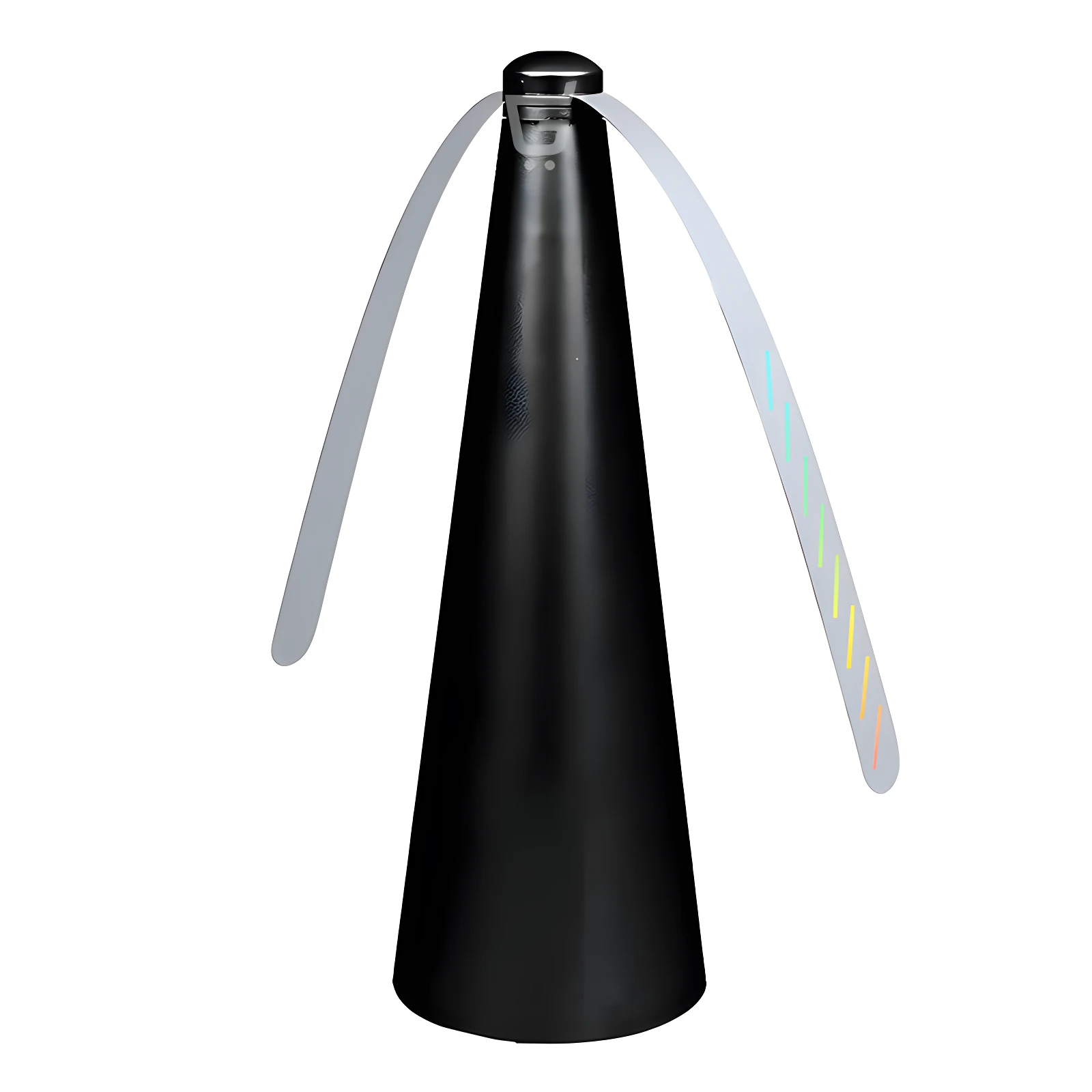 Ventilador repelente de insectos negro, portátil, con aspas plateadas y detalles de colores.