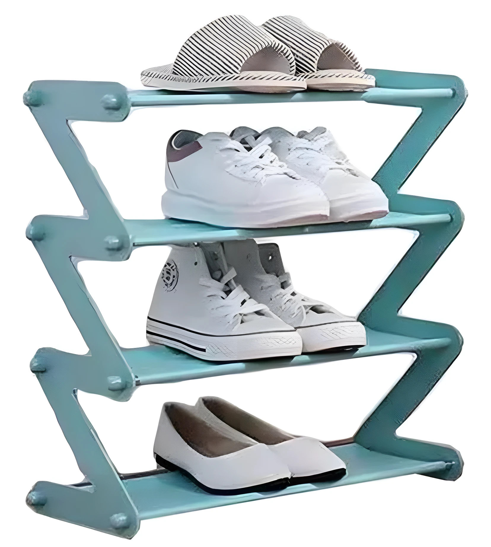 Zapatera organizadora de 4 niveles color verde azulado, tipo zigzag, con pantuflas, tenis gruesos, de caña alta y balerinas blancos.