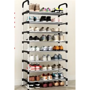 Zapatero organizador vertical de 8 estantes, metálico y negro, con 40 pares de zapatos diversos en distintos niveles.