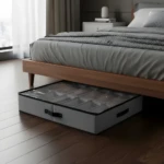 Zapatero organizador gris para debajo de la cama, 12 compartimentos, con tapa transparente para proteger del polvo.