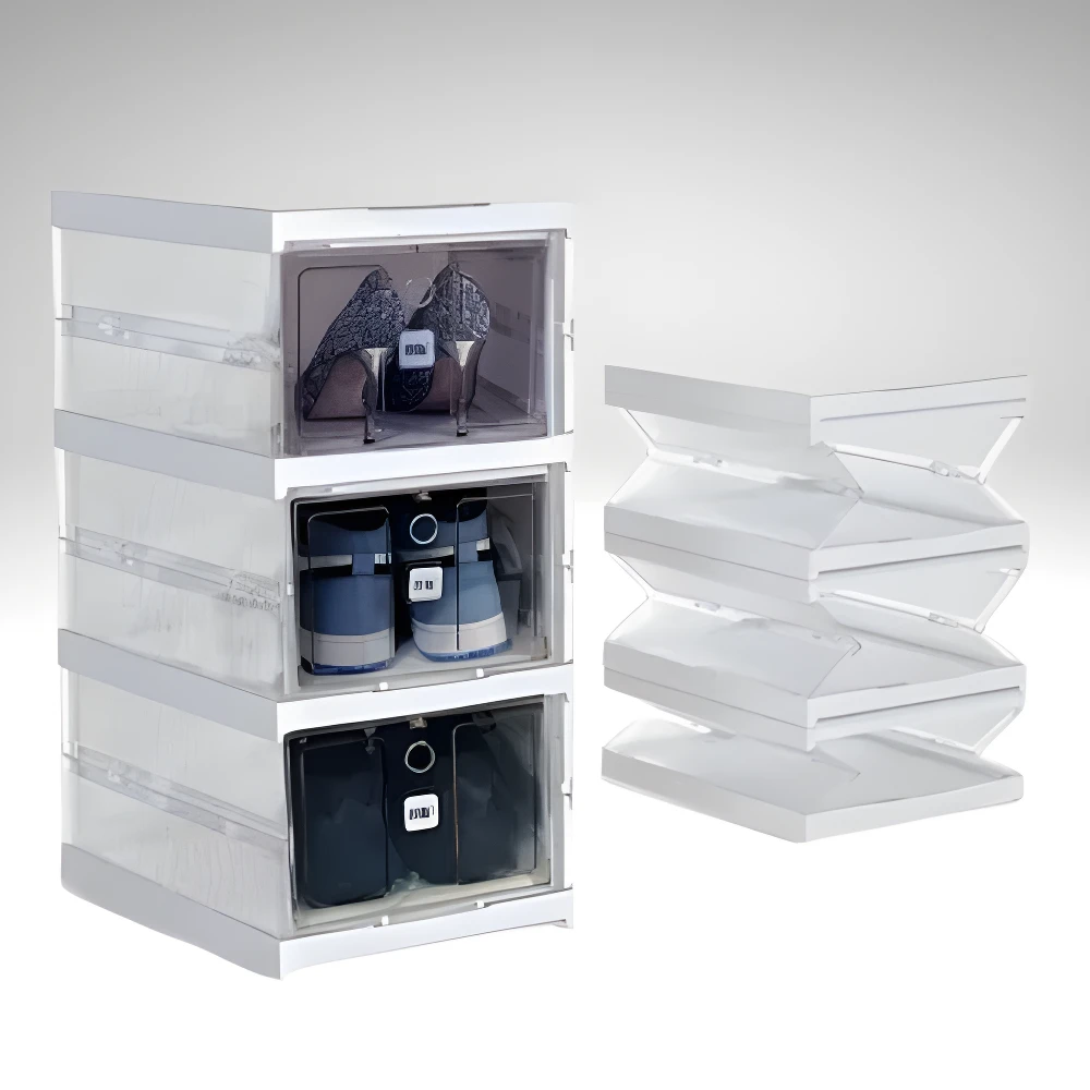 Zapatero plegable blanco de 3 niveles con tapas transparentes mostrando zapatos de tacón, botines azules y zapatillas negras.