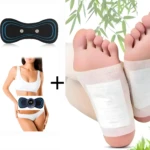 Masajeadora 5 modos y 10 parches Kinoki detox pies, con mujer durmiendo y bambú.