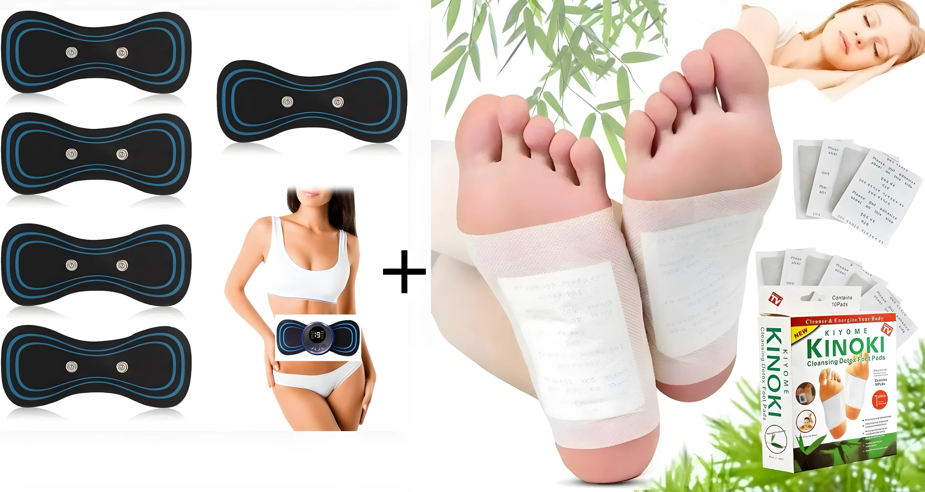 Masajeadora 5 modos y 10 parches Kinoki detox pies, con mujer durmiendo y bambú.