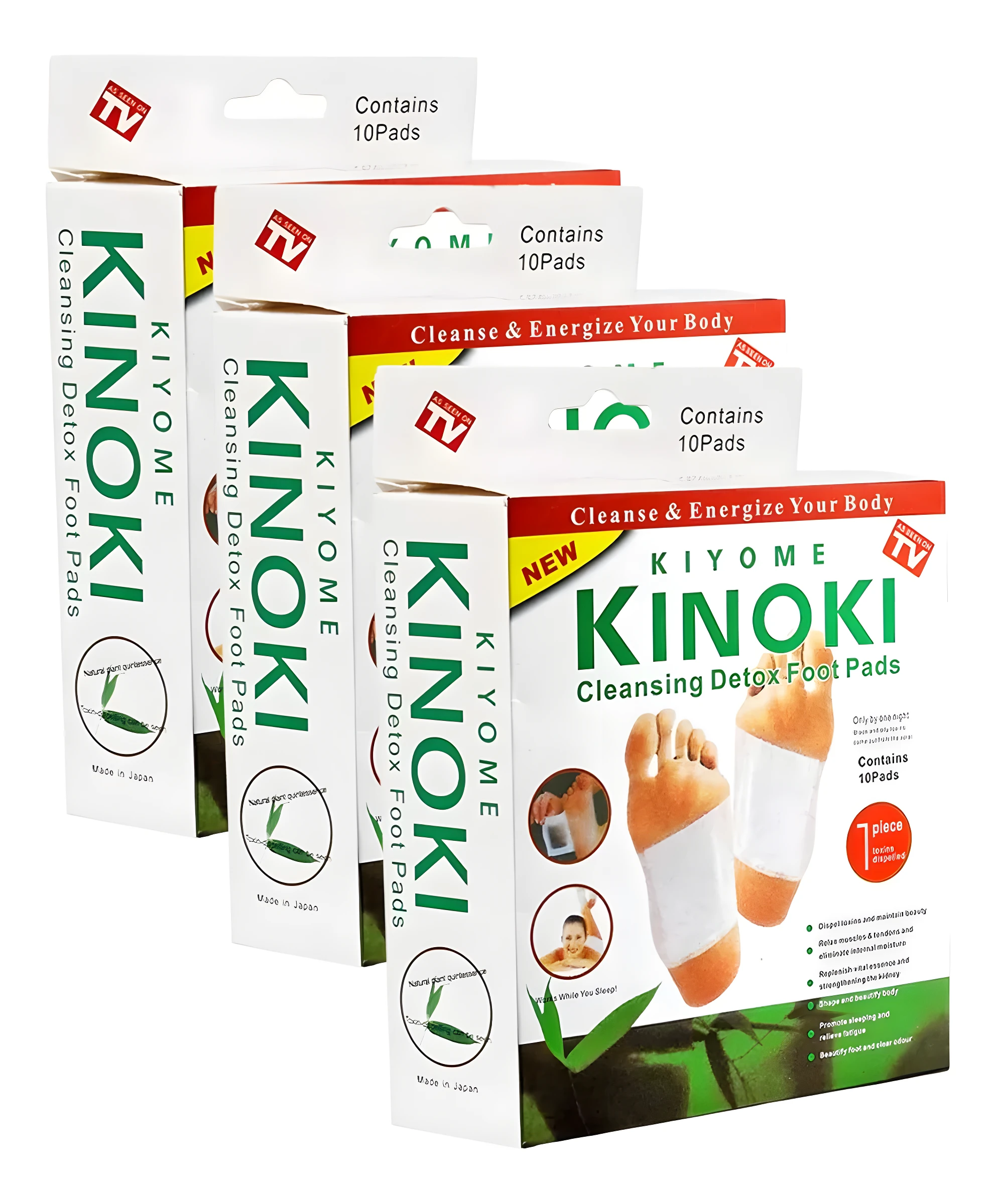 Caja de 10 parches desintoxicantes Kinoki para pies, con de pies con parches y beneficios.