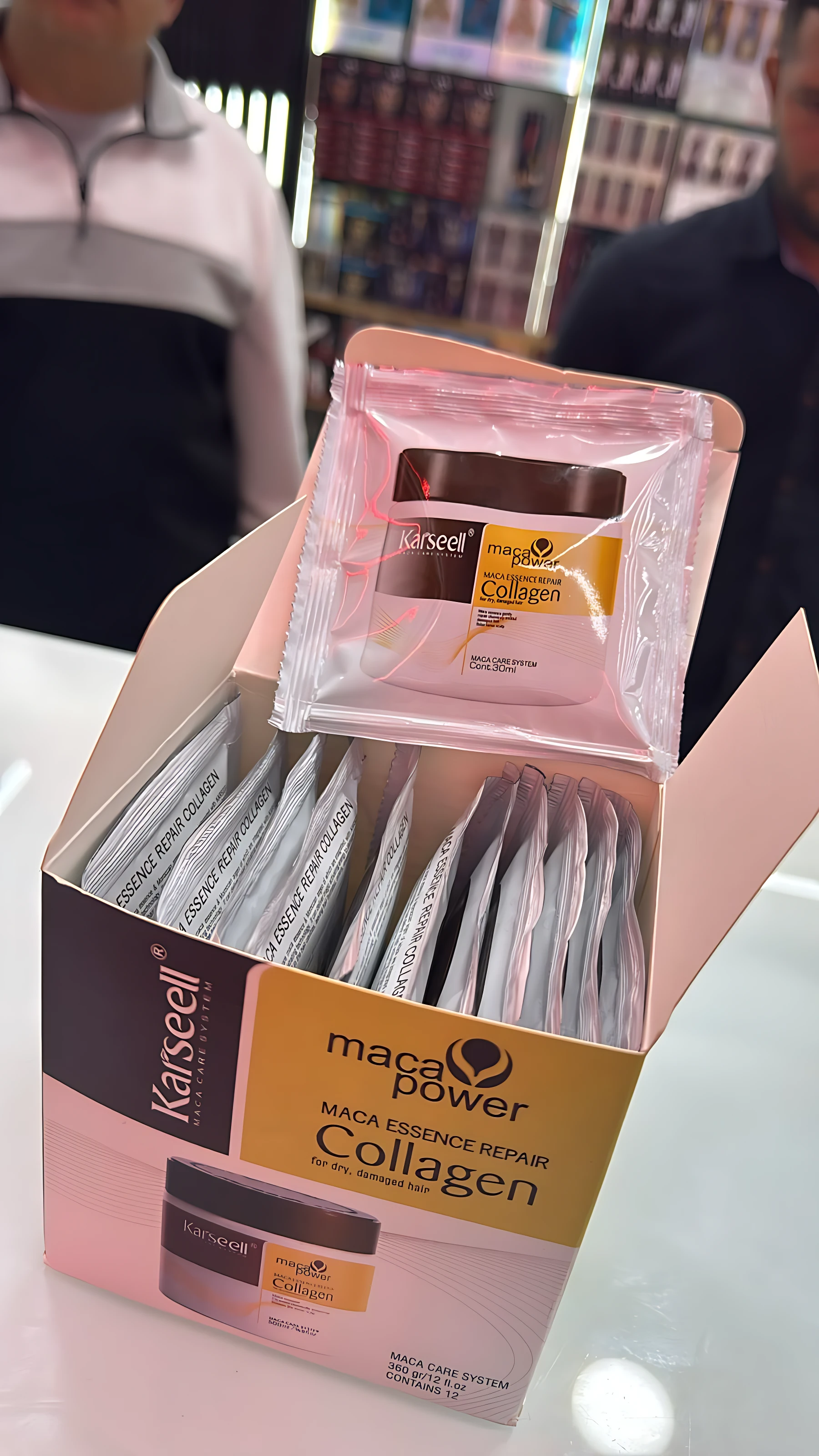 Caja de Karseell Maca Collagen con 12 sobres de 30ml para reparar cabello seco y dañado.