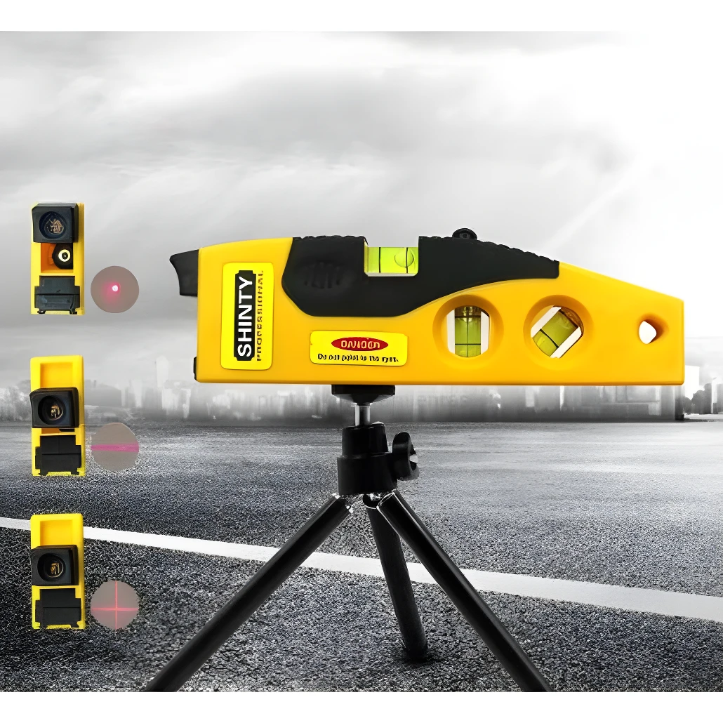 Nivel láser amarillo profesional con trípode y 2 líneas. Mide con precisión.