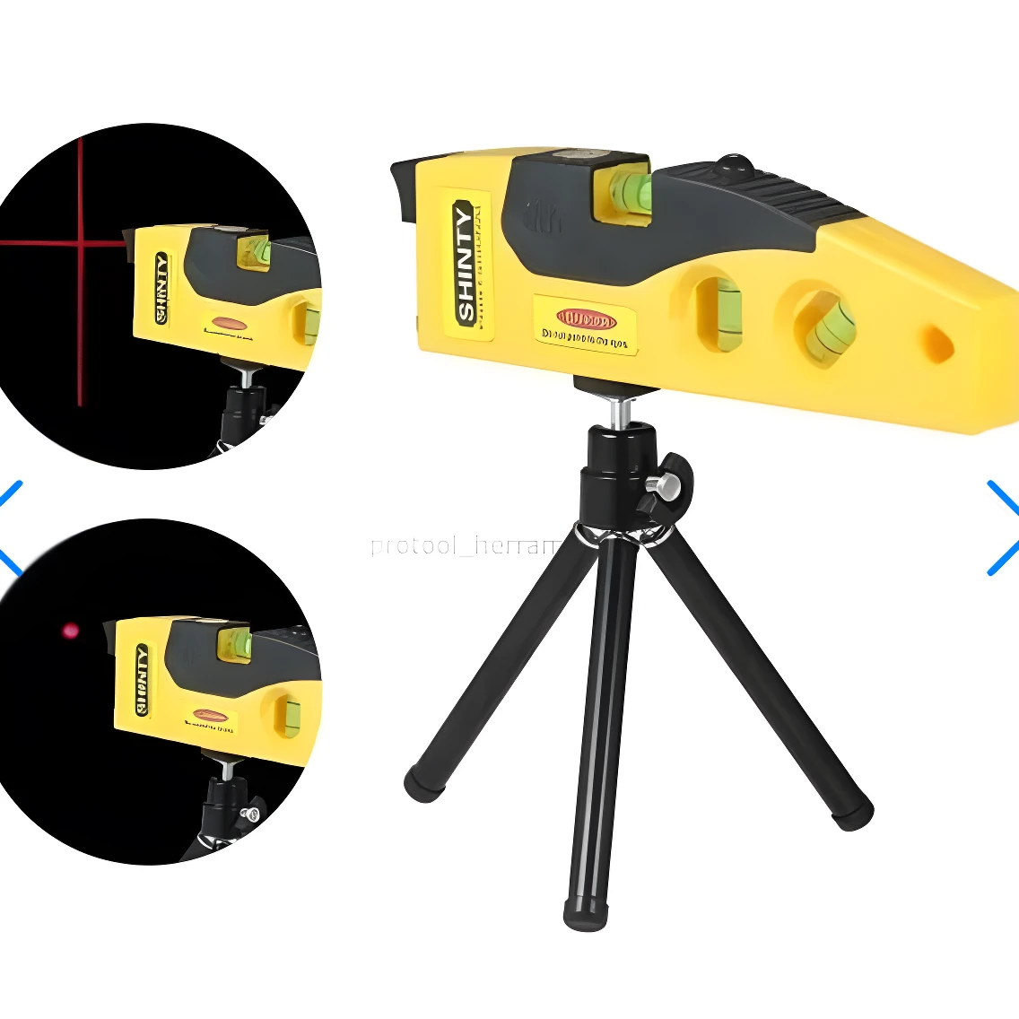 Nivel láser amarillo de 2 líneas SHINTY con trípode negro, ideal para mediciones precisas en proyectos.