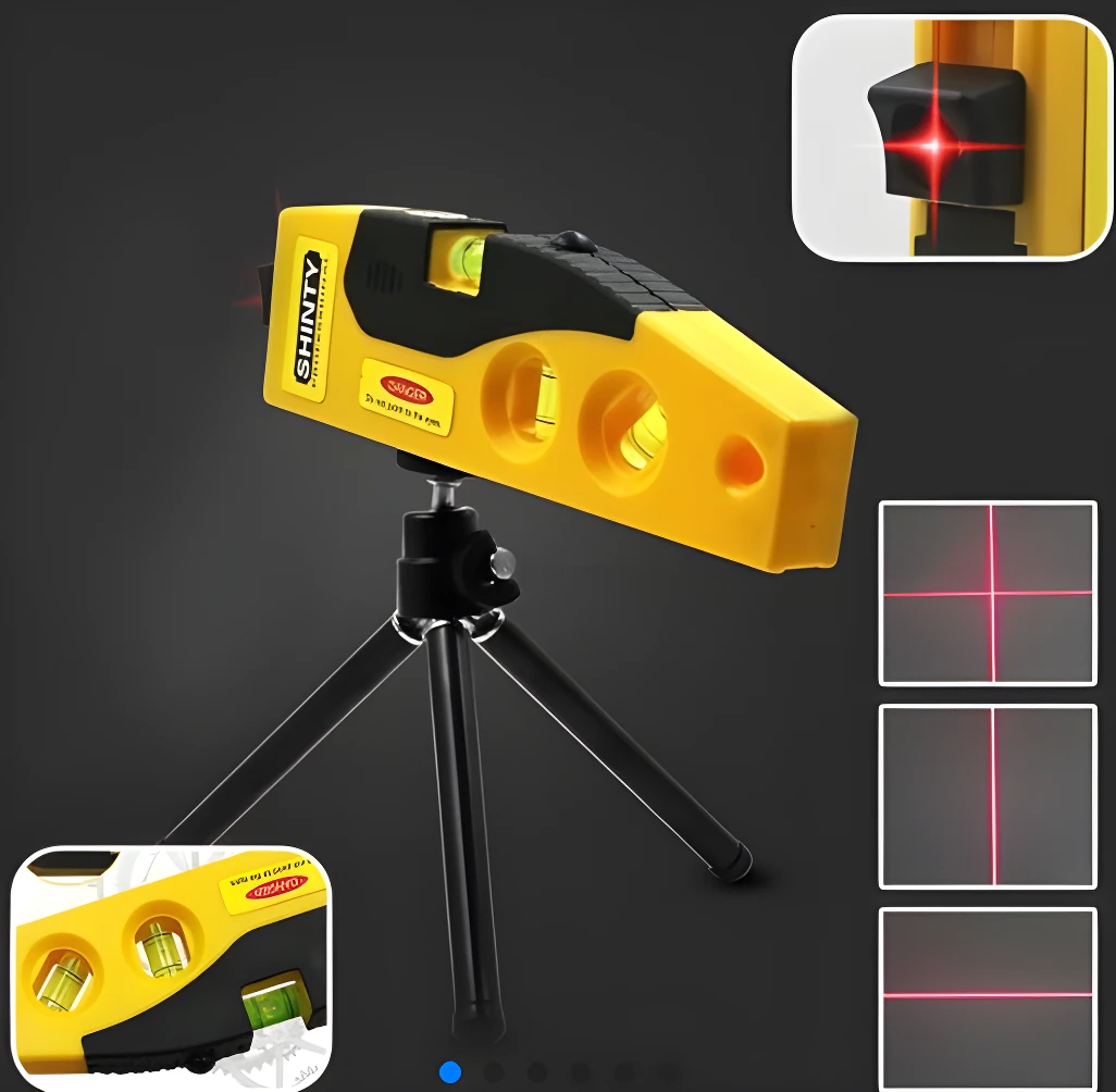 Nivel láser SHINTY amarillo y negro con trípode, proyecta líneas rojas para proyectos de alineación.