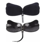 Brasier sujetador invisible negro, copas adhesivas de silicona con cordón frontal ajustable para realzar.