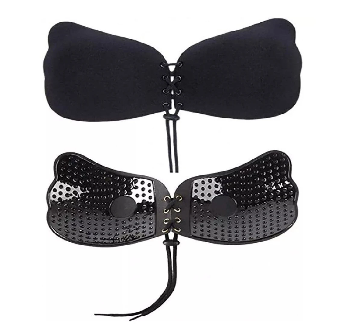 Brasier sujetador invisible negro, copas adhesivas de silicona con cordón frontal ajustable para realzar.