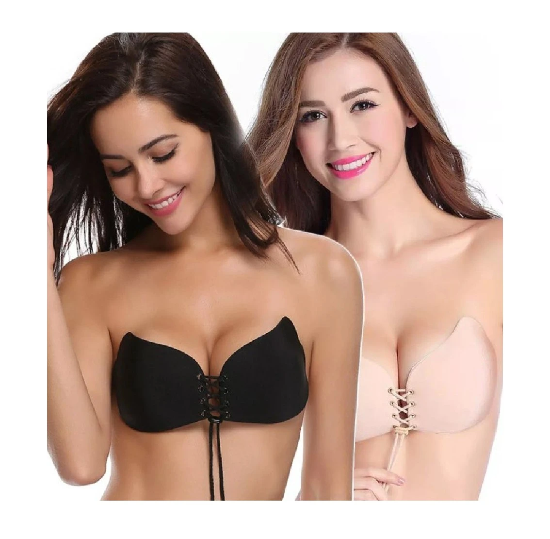 Brasier sujetador invisible negro y beige con encaje frontal, dos mujeres modelo.