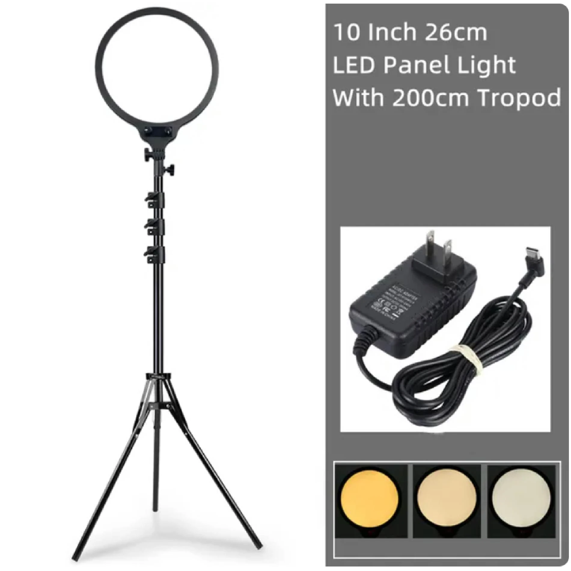 Panel de luz LED circular de 26cm negro con trípode de 200cm, adaptador y tres temperaturas de color.