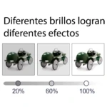 Carro a pedales verde oscuro con ruedas plateadas, mostrado a diferentes brillos: 20%, 60%, 100% en panel de luz LED.