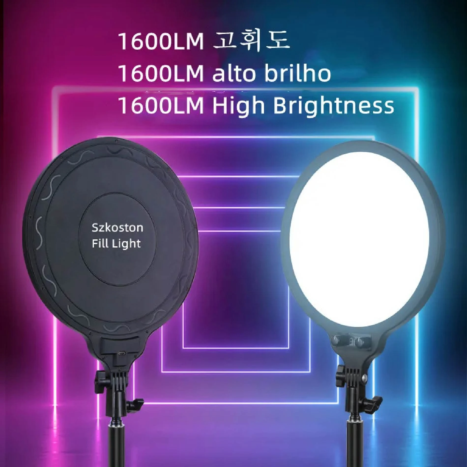 Panel de luz LED circular Szkooston 1600LM alta luminosidad con trípode, fondo neón.