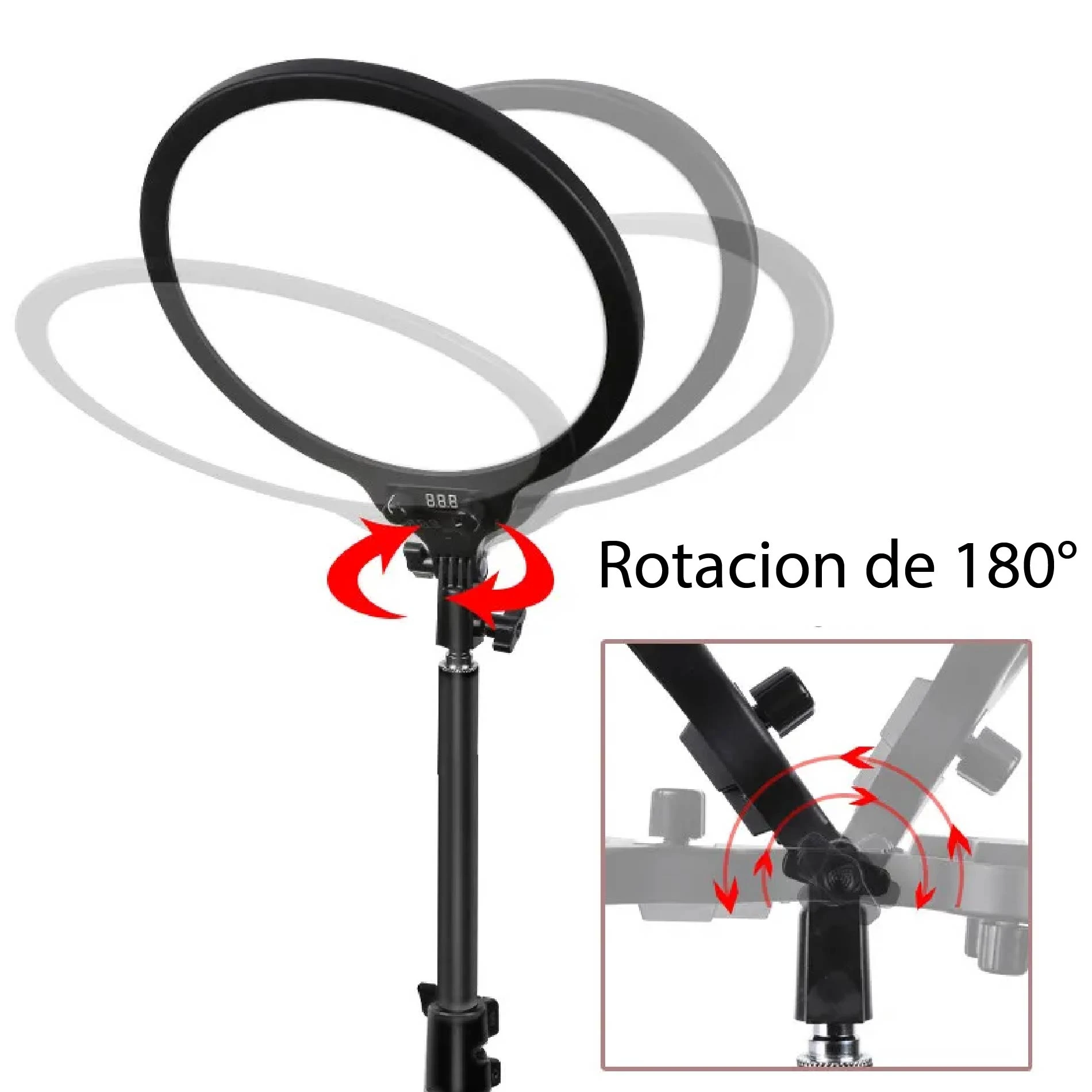 Luz led circular para fotografía con trípode, articulación giratoria 180°.