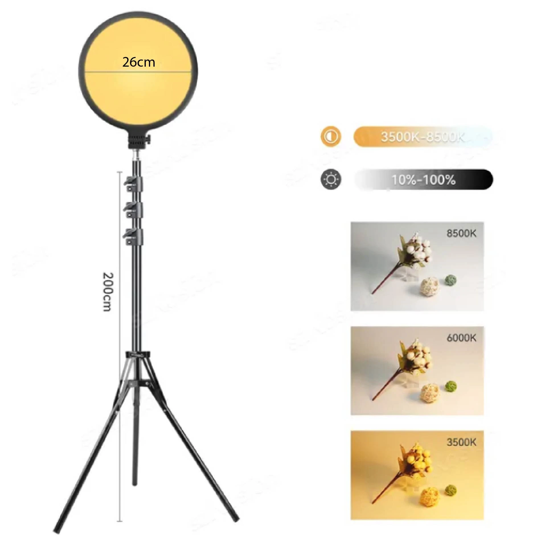 Panel de luz LED fotográfica redondo de 26 cm, 200 cm de alto, ajustable en temperatura de color (3500K-8500K) y brillo (10%-100%), con trípode.