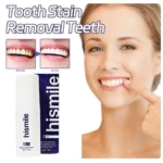 Suero corrector de color V34 Hismile en envase blanco de 30ml con caja azul, acompañado de una mujer sonriendo para mostrar dientes blancos antes y después.