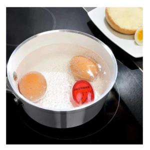 Temporalizador de huevo rojo para cocción de huevos en agua hirviendo, con marcas para blando, medio y duro.
