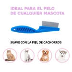 Peine antipulgas azul para mascotas, ideal para pelo de cualquier mascota. Suave con la piel de cachorros.