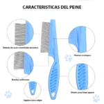 Peine antipulgas azul con dientes de acero inoxidable y mango ergonómico para colgar.