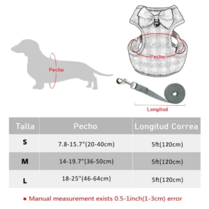 Arnés para perro con corbatín y correa, guía de tallas S, M, L y medidas en cm y pulgadas.