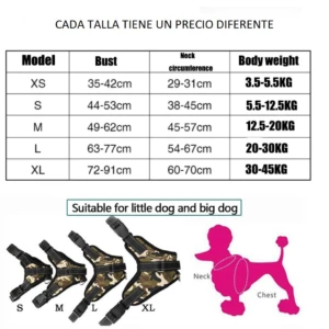 Tabla de tallas para arnés de perro/gato con medidas de busto y cuello, ideal para razas pequeñas y grandes.