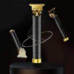 Barbera metálica negra con detalles dorados, mango texturizado, ideal para cabello.