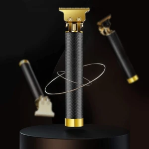 Barbera metálica negra con detalles dorados, mango texturizado, ideal para cabello.