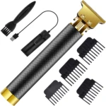 Barbera metálica dorada y negra Kz79A con accesorios: cargador, cepillo y peines guía.