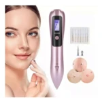 Cauterizador quita verrugas rosa con pantalla LED, agujas y representaciones de piel.