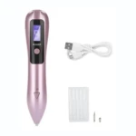 Cauterizador quita verrugas rosa metálico, pantalla LED, con cable USB y agujas.