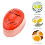 Temporizador para huevos FITHIFI rojo, indica cocción suave, media o dura con ejemplos de huevos cocidos.