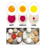 Temporizador para huevos que indica cocción blanda, media y dura, con escala de colores y huevos en olla.